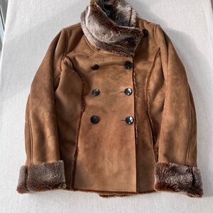 Soft Surroundings Brown Faux Suede Shearling Coat Faux Fur Lined Jacket Medium
